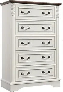 Farmhouse Dresser with 5 Drawers, Chest of Drawers for Bedroom, Hallway, Living Room, or Office Organization (Antique White)