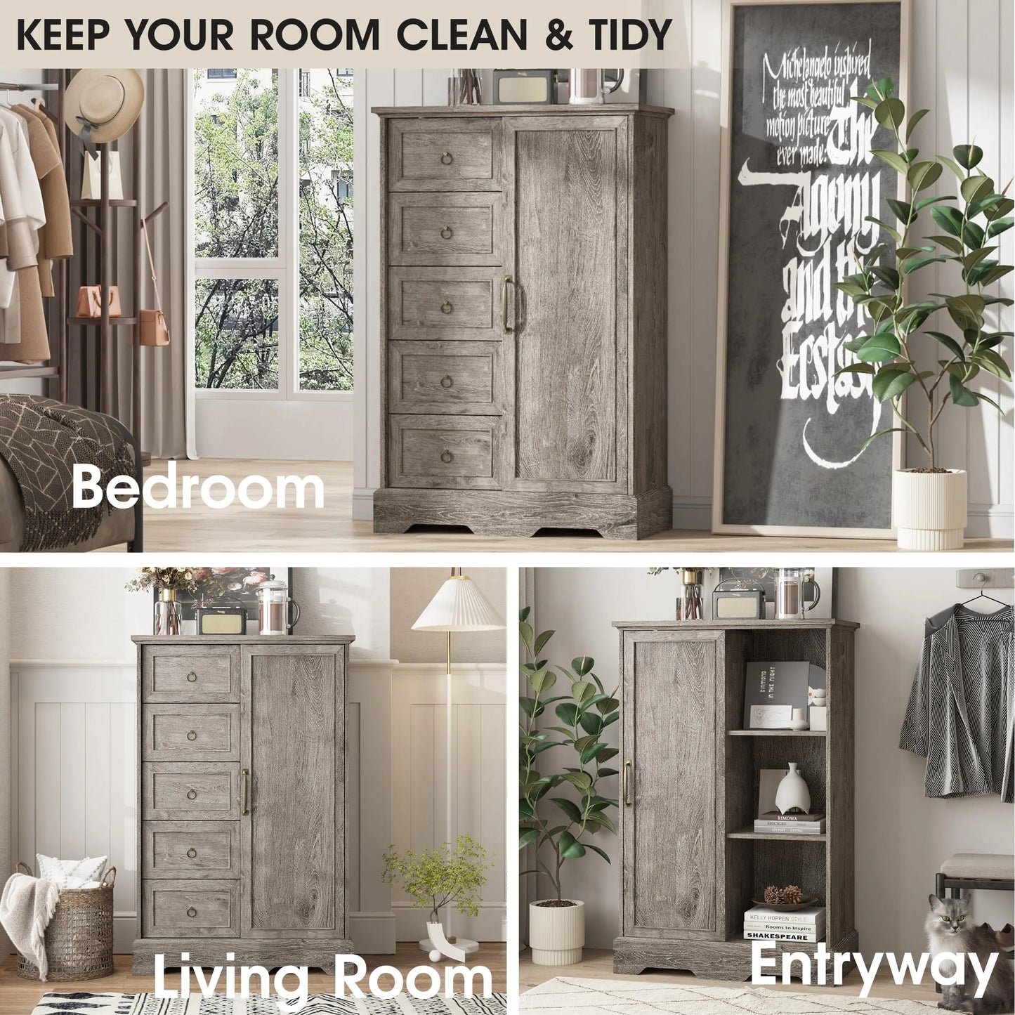 Vabches Dresser for Bedroom 5 Drawers Dresser Organizer Storage with Sliding Door 48" Chest of Drawers Farmhouse Wood Dresser