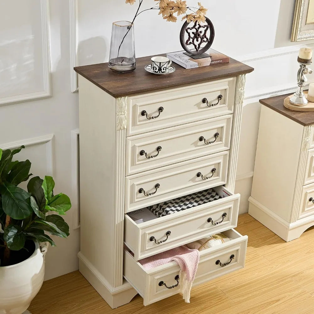 Farmhouse Dresser with 5 Drawers, Chest of Drawers for Bedroom, Hallway, Living Room, or Office Organization （Antique White）