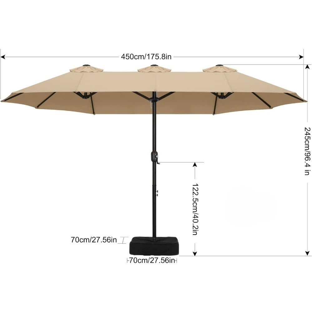 15FT Patio Umbrella with Base, Outdoor Double-Sided Rectangle Umbrella Bonus Latch, Wights for Poolside, Lawn, Backyard (Khaki)