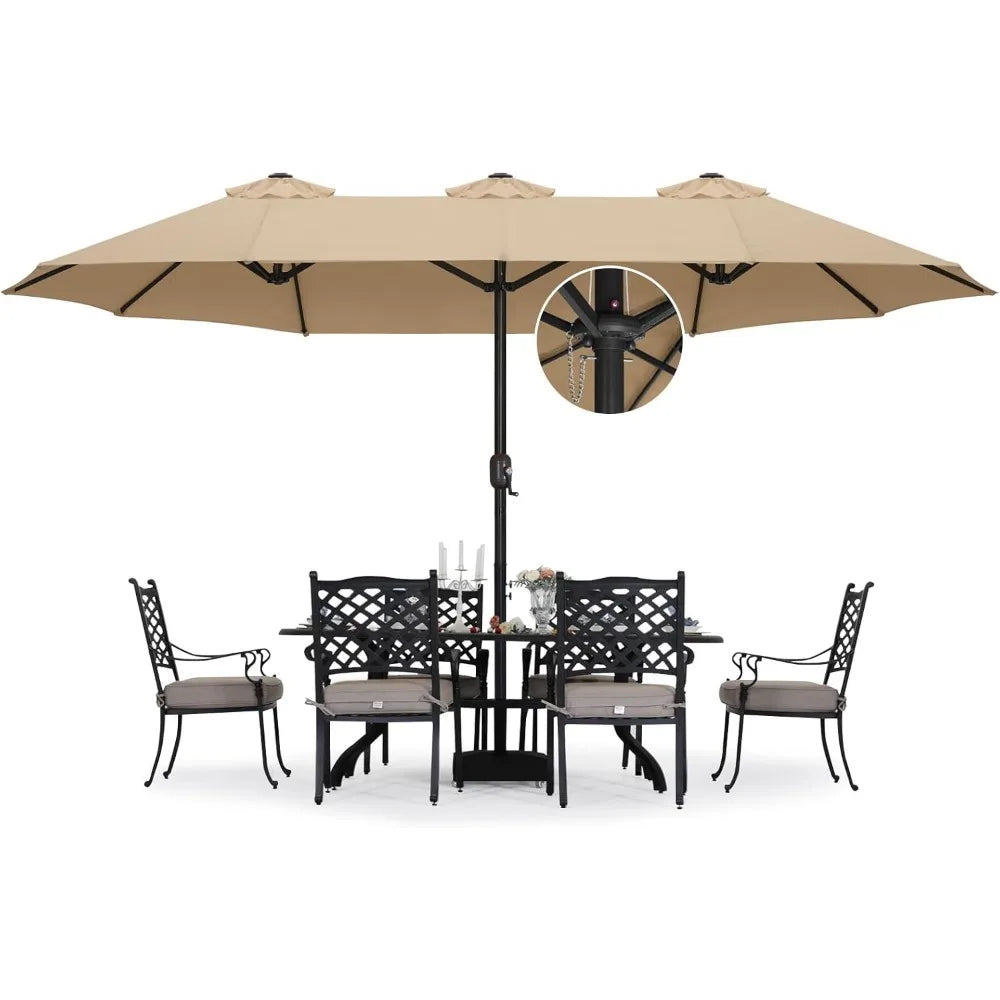 15FT Patio Umbrella with Base, Outdoor Double-Sided Rectangle Umbrella Bonus Latch, Wights for Poolside, Lawn, Backyard (Khaki)