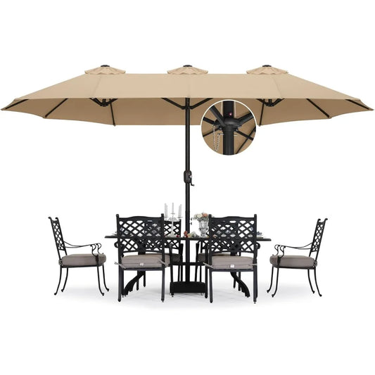 15FT Patio Umbrella with Base, Outdoor Double-Sided Rectangle Umbrella Bonus Latch, Wights for Poolside, Lawn, Backyard (Khaki)