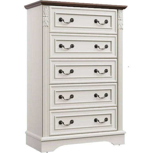 Farmhouse Dresser with 5 Drawers, Chest of Drawers for Bedroom, Hallway, Living Room, or Office Organization （Antique White）