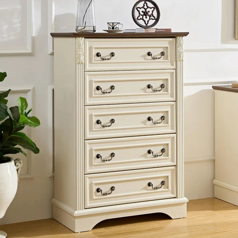 Farmhouse Dresser with 5 Drawers, Chest of Drawers for Bedroom, Hallway, Living Room, or Office Organization （Antique White）