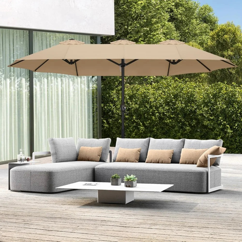 15FT Patio Umbrella with Base, Outdoor Double-Sided Rectangle Umbrella Bonus Latch, Wights for Poolside, Lawn, Backyard (Khaki)