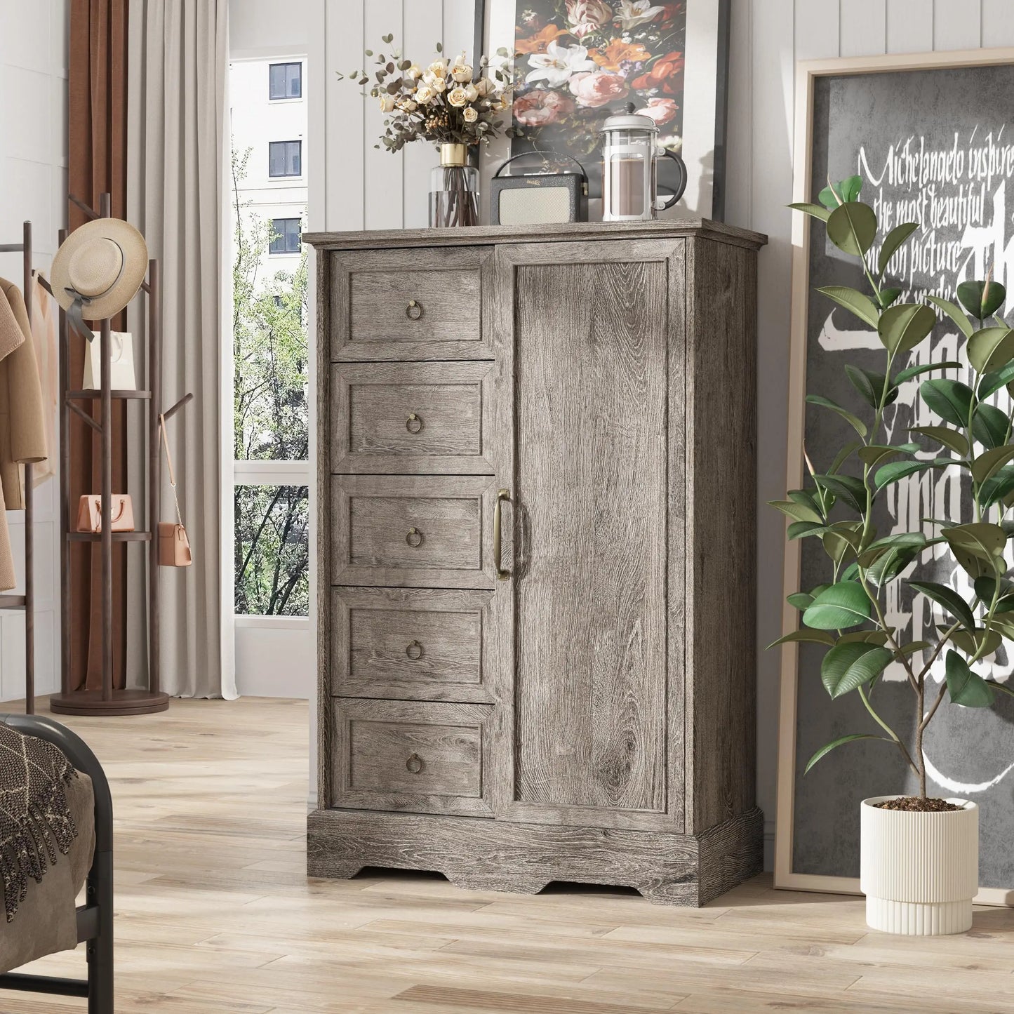 Vabches Dresser for Bedroom 5 Drawers Dresser Organizer Storage with Sliding Door 48" Chest of Drawers Farmhouse Wood Dresser