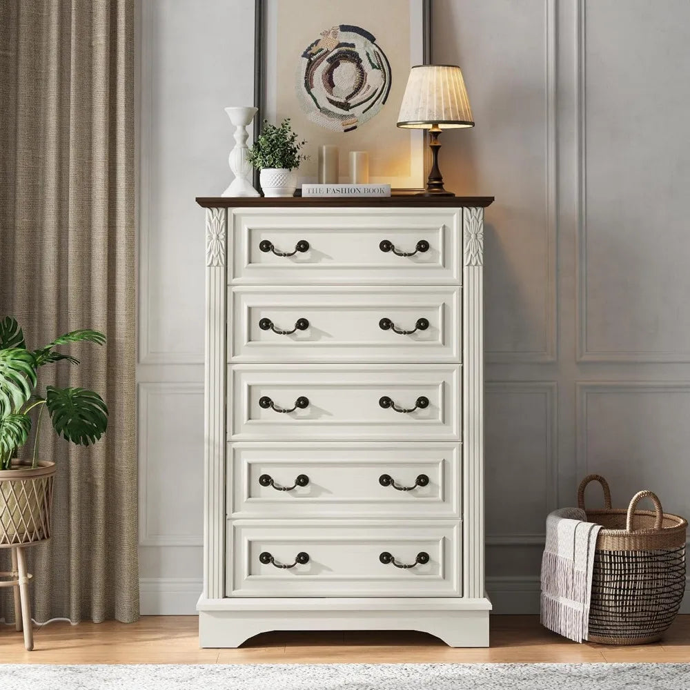 Farmhouse Dresser with 5 Drawers, Chest of Drawers for Bedroom, Hallway, Living Room, or Office Organization （Antique White）