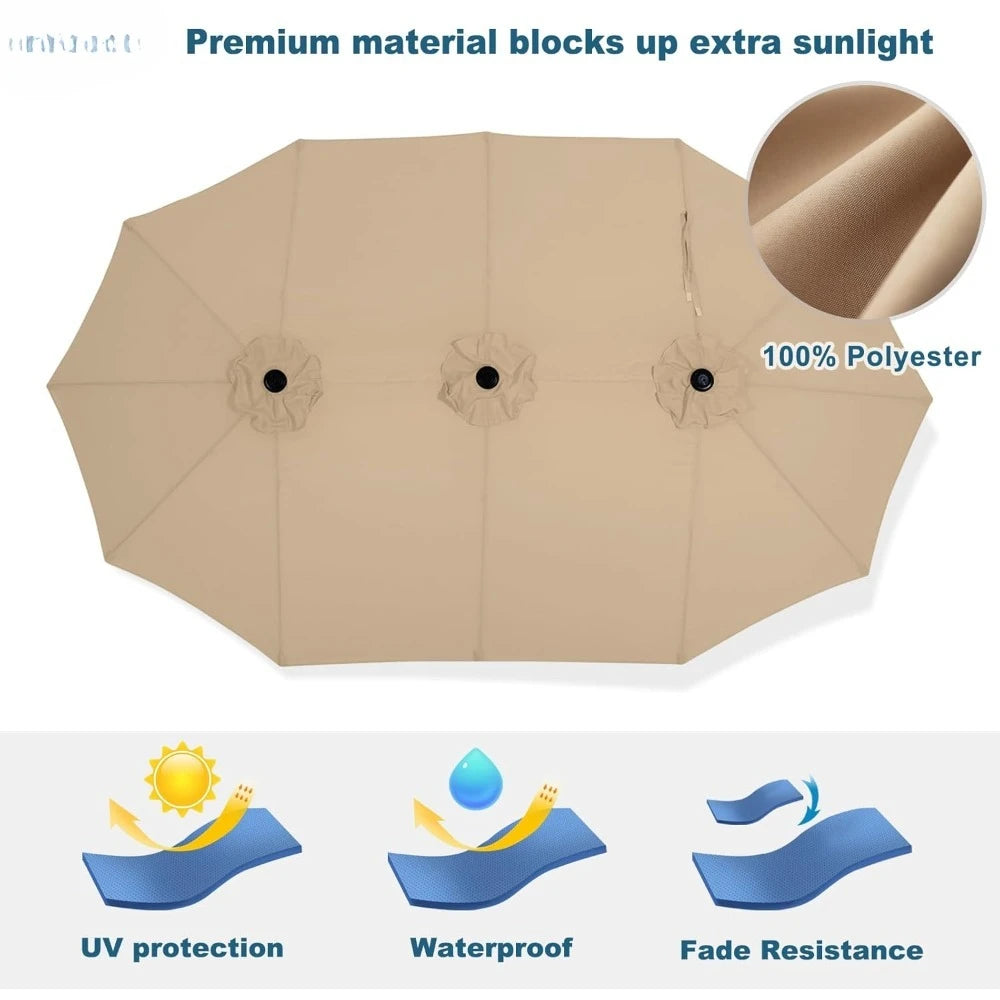 15FT Patio Umbrella with Base, Outdoor Double-Sided Rectangle Umbrella Bonus Latch, Wights for Poolside, Lawn, Backyard (Khaki)