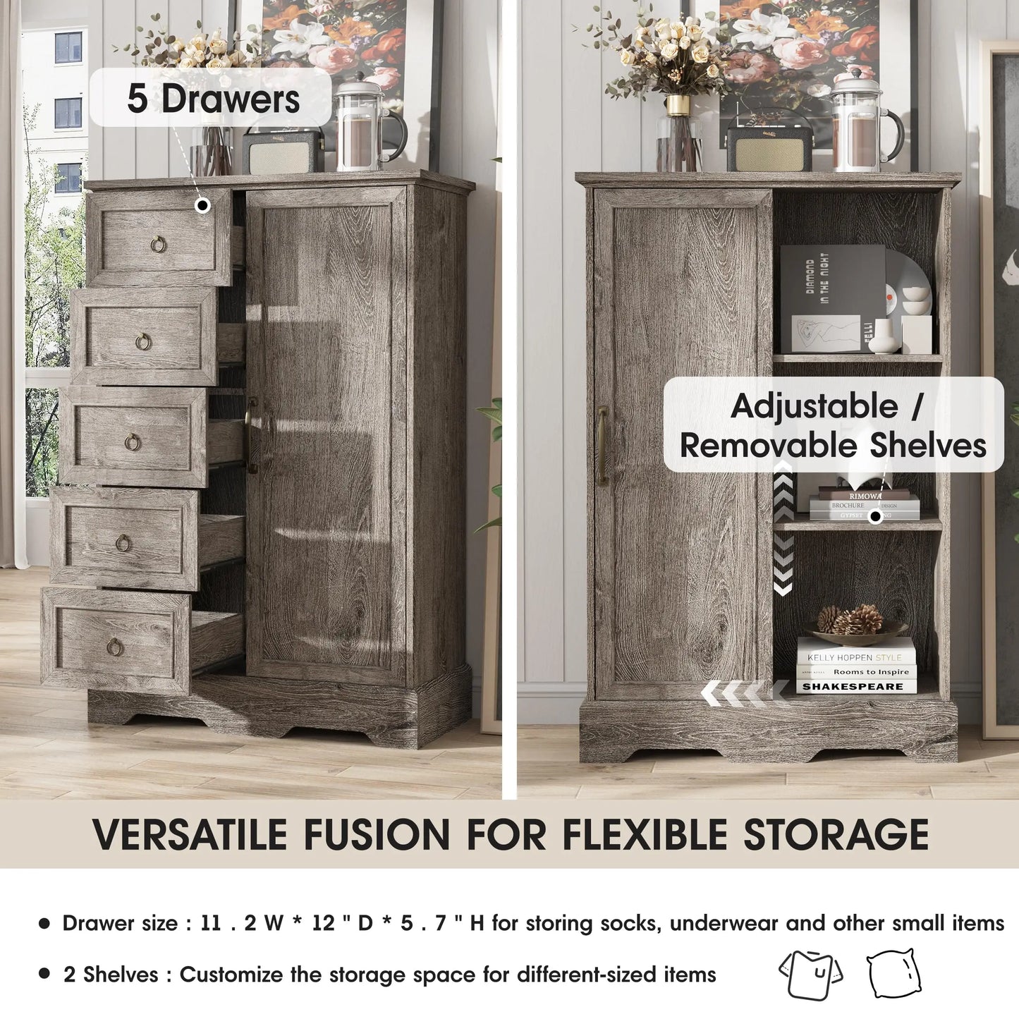 Vabches Dresser for Bedroom 5 Drawers Dresser Organizer Storage with Sliding Door 48" Chest of Drawers Farmhouse Wood Dresser