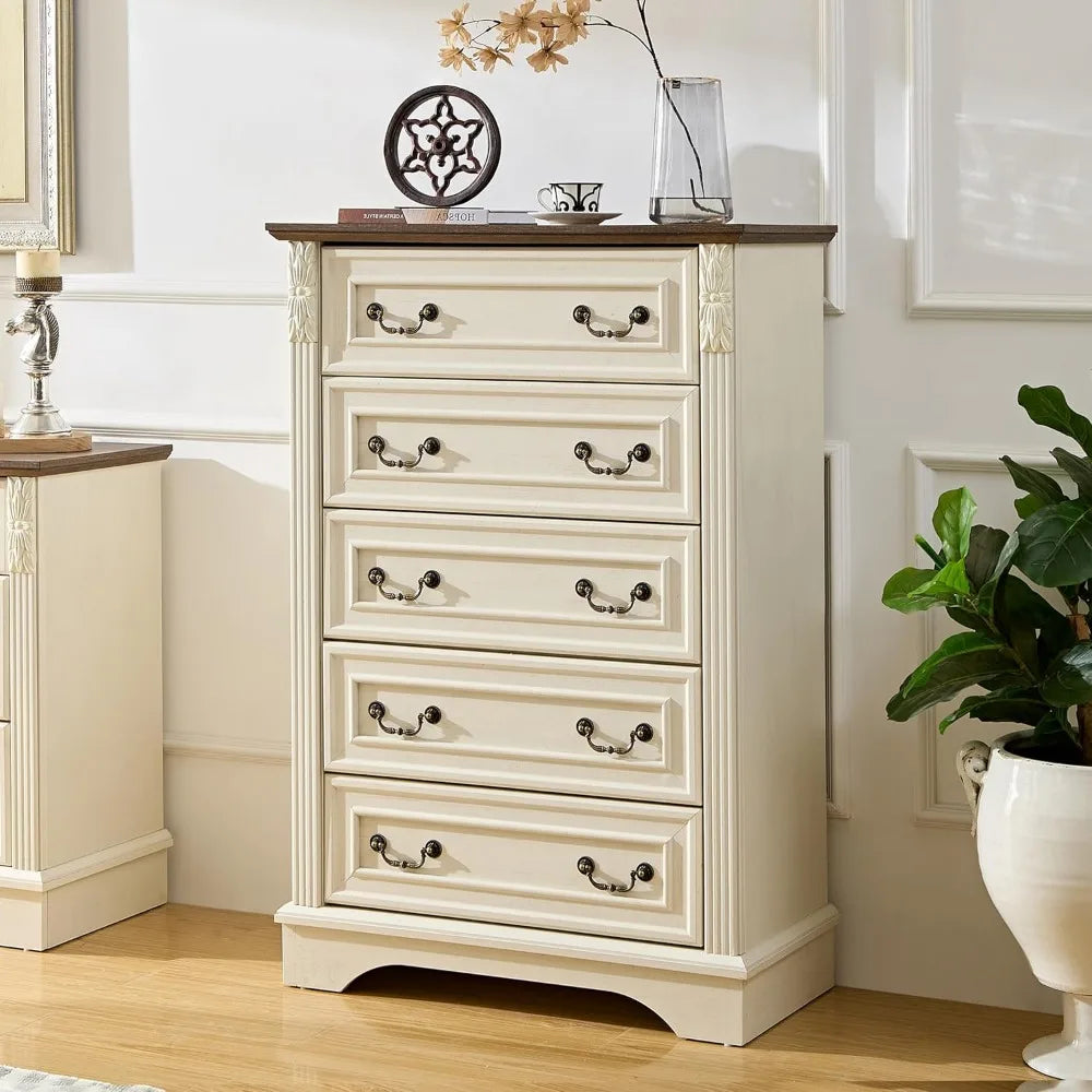Farmhouse Dresser with 5 Drawers, Chest of Drawers for Bedroom, Hallway, Living Room, or Office Organization （Antique White）