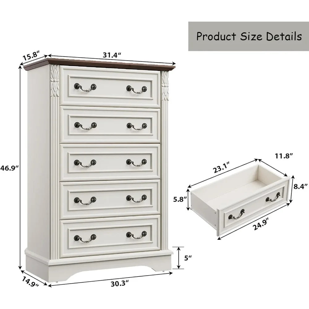 Farmhouse Dresser with 5 Drawers, Chest of Drawers for Bedroom, Hallway, Living Room, or Office Organization （Antique White）