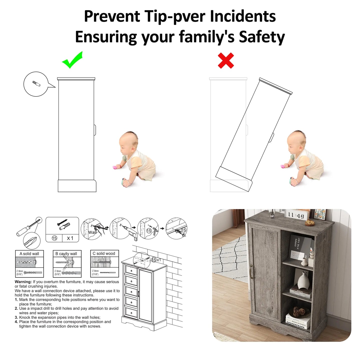 Vabches Dresser for Bedroom 5 Drawers Dresser Organizer Storage with Sliding Door 48" Chest of Drawers Farmhouse Wood Dresser