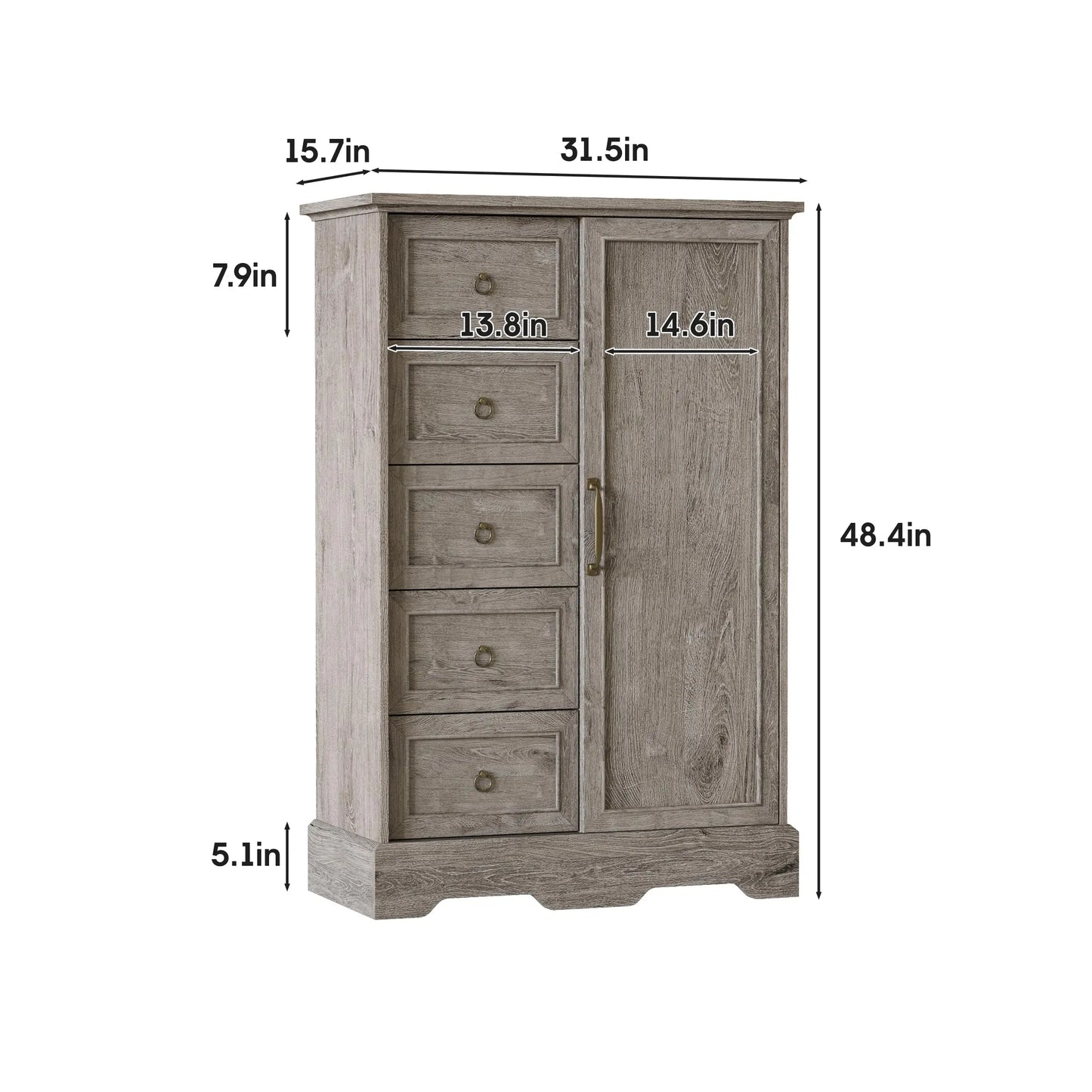 Vabches Dresser for Bedroom 5 Drawers Dresser Organizer Storage with Sliding Door 48" Chest of Drawers Farmhouse Wood Dresser