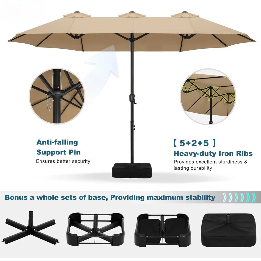 15FT Patio Umbrella with Base, Outdoor Double-Sided Rectangle Umbrella Bonus Latch, Wights for Poolside, Lawn, Backyard (Khaki)